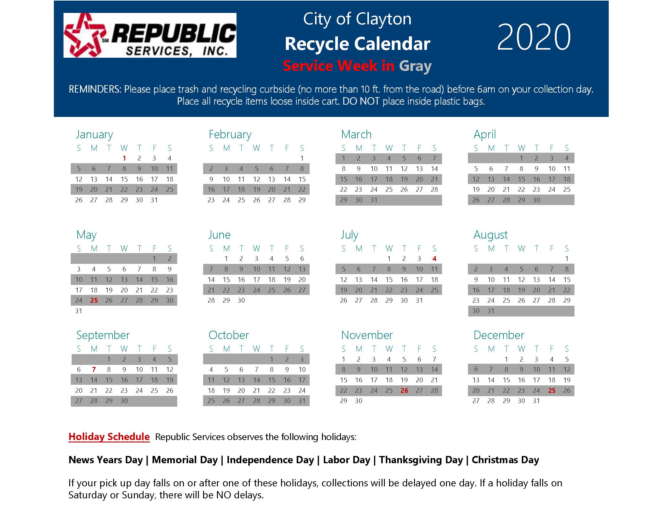 2020 Recycle Calendar
